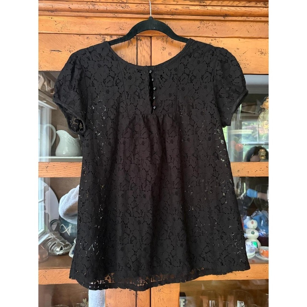 The Limited Womens Black Lace Sheer Top Short Puff Sleeve 1/4 Button Back XS